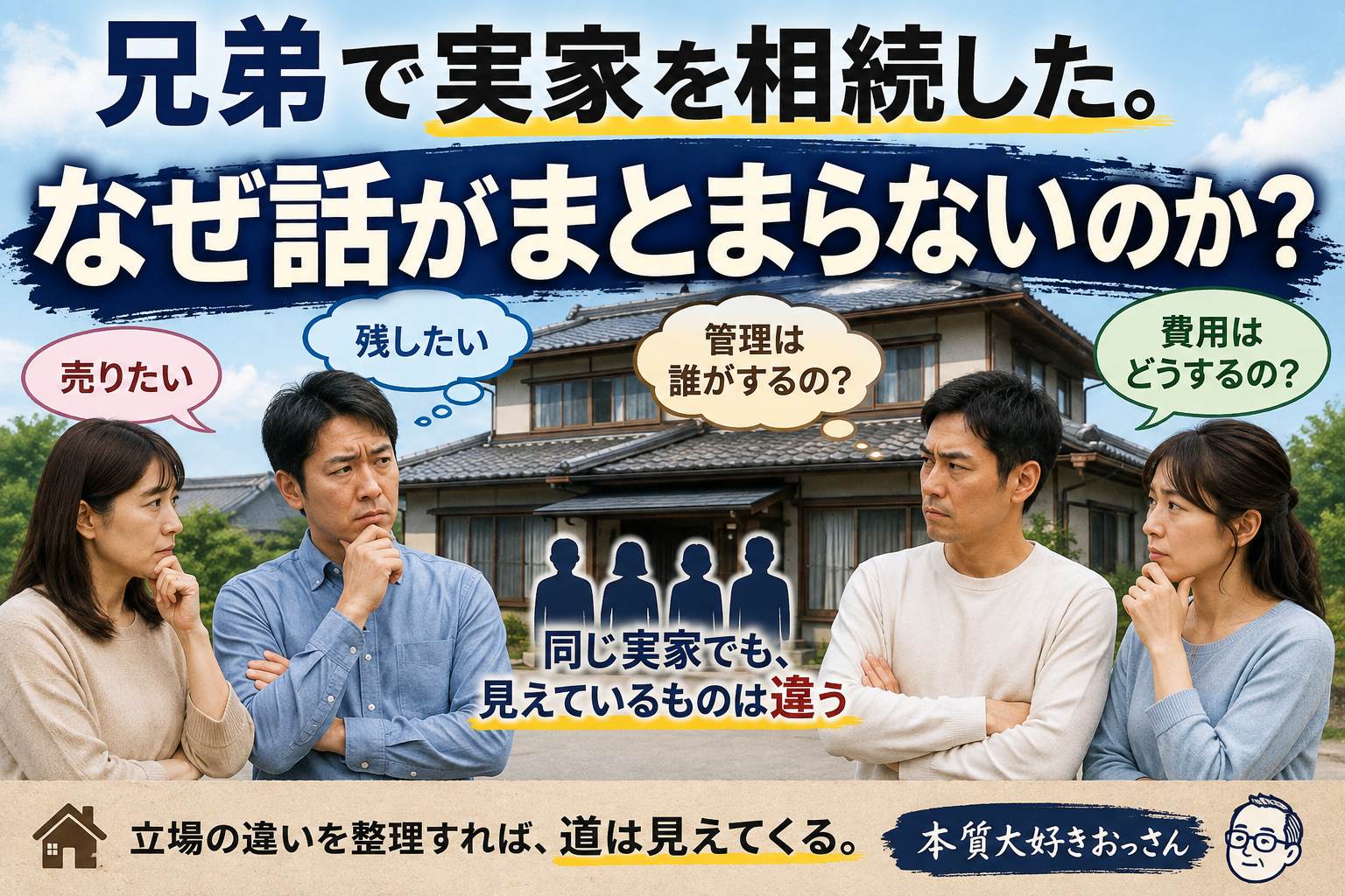 兄弟で実家を相続したときに、売却・管理・費用について家族で考える様子