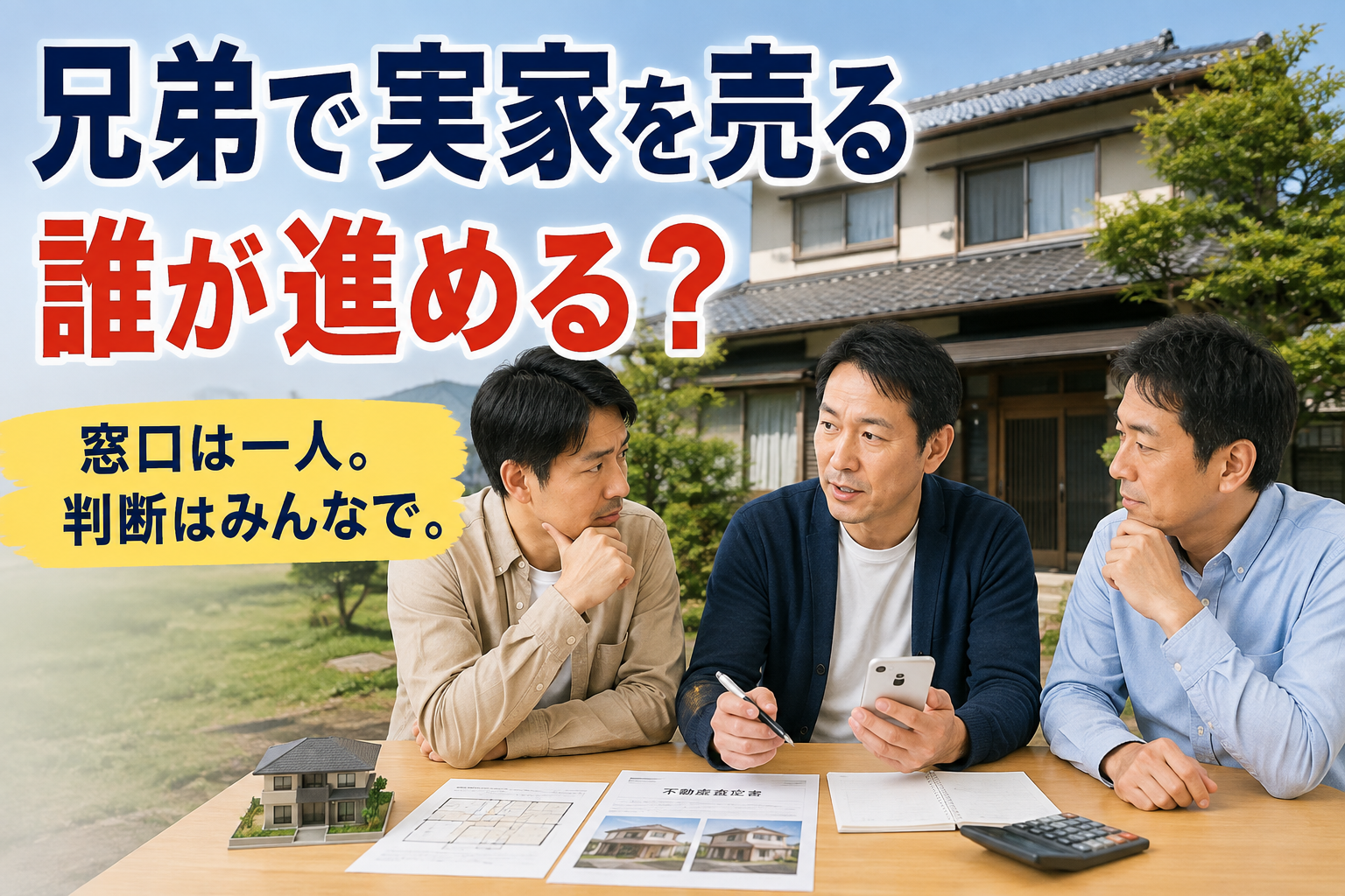 兄弟で実家の売却について話し合い、誰が窓口になるか考えている様子
