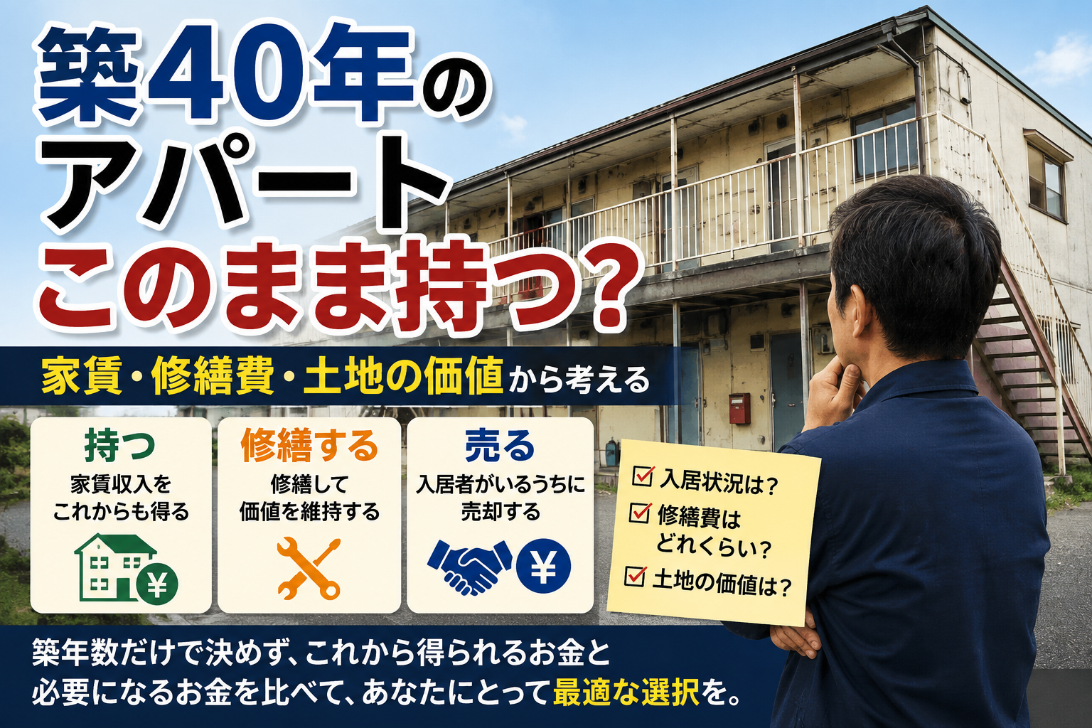 築40年のアパートを持つ・修繕する・売るの3つの選択肢から考えている様子